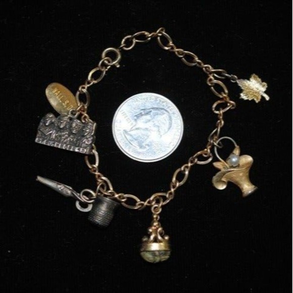 Vintage JC&Co Gold-filled Sterling Charm Bracelet Scarab Fob Sewing Mt. Rushmore - Picture 5 of 12